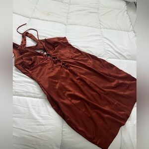 Elegant Satin Halter Dress - Rust
